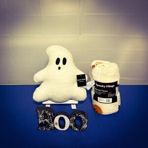 Spooky Village Halloween Characters Flannel Throw Blanket & Ghost Pillow